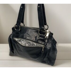 Hobo‎ Bag Shoulder Purse Shiny Leather Handbag Satchel Zip Pockets Black Silver